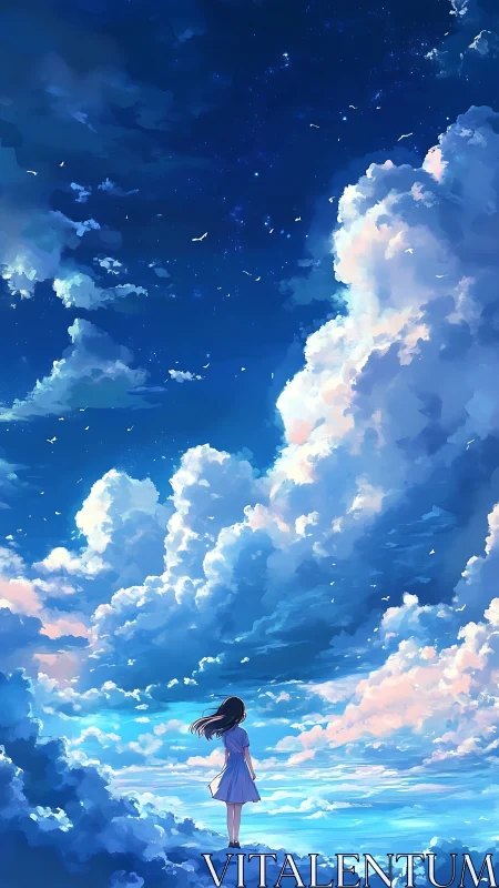 Girl stands on cloud edge under vast blue sky of clouds