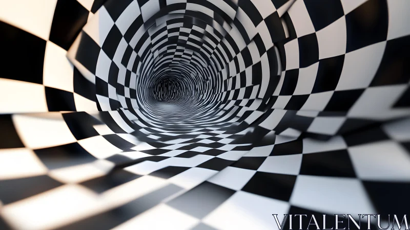 Surreal checkered tunnel with optical illusion, abstract digital art.