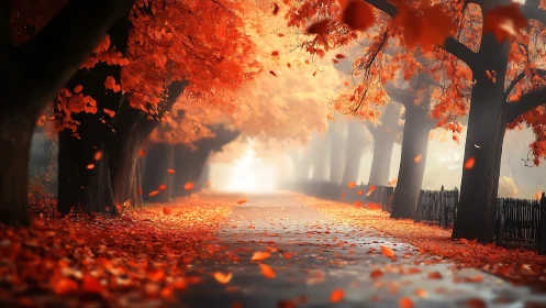 Tree-lined path shows dense orange autumn foliage in mist