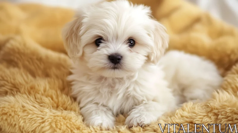 Small white puppy on golden faux fur blanket, shallow depth