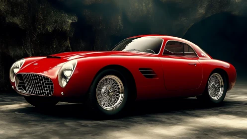 Scarlet vintage coupé poised like a timeless canyon predator.