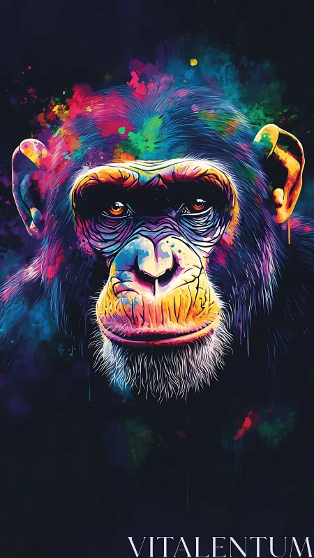 Color-splashed chimpanzee portrait glows against deep night