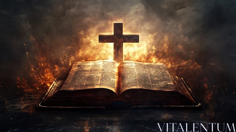 Fiery scripture altar beneath a glowing cross of embers.