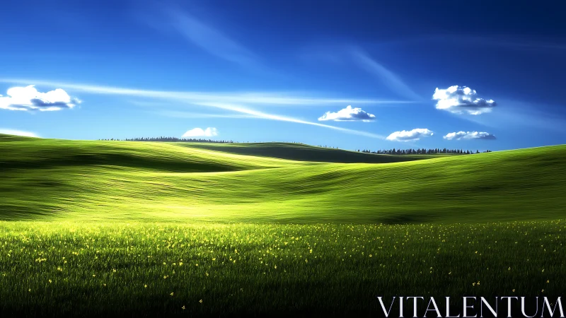 Sunlit green hills under deep blue sky with soft clouds