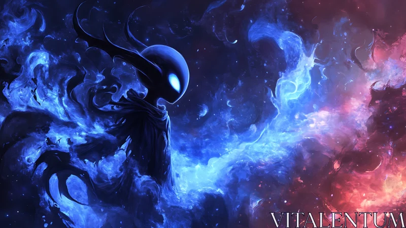 Cosmic silhouette amid blue and red nebulous currents.