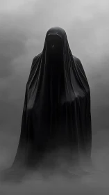 Shrouded dark figure rising from fog in minimal grayscale.