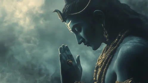 Moonlit blue deity in golden prayer amid drifting mist.