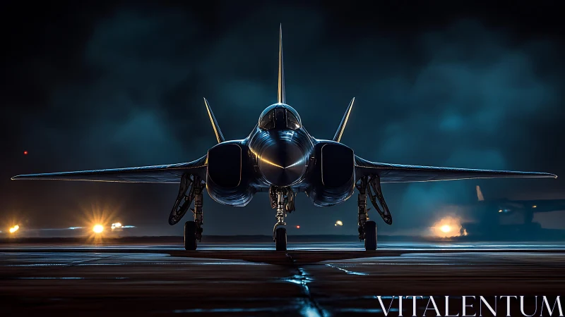 Sleek fighter jet poised on runway under dramatic night sky.