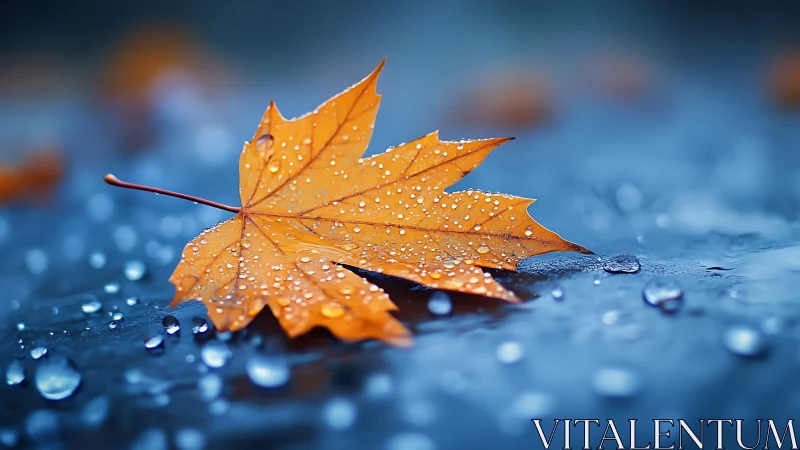 Rain-kissed maple leaf resting on twilight blue pavement.