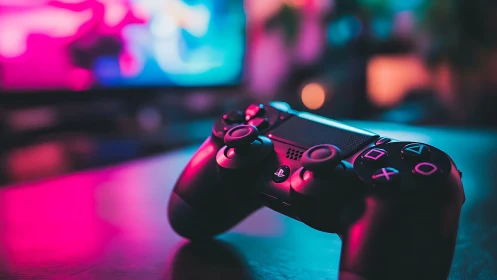Dual-analog game controller under neon bokeh illumination.