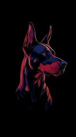 Doberman portrait rendered with neon edge lighting on black