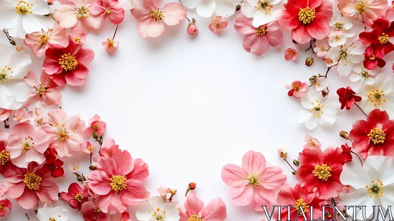 Pink and Red Cosmos Flowers Overhead Flat Lay Composition. Still Life