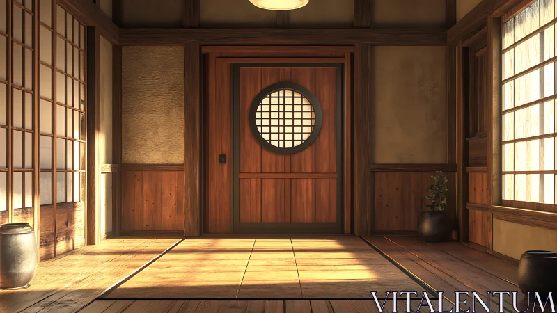 Tatami-lit Japanese entryway with circular shoji portal door.