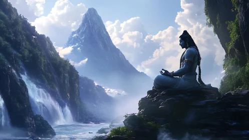 Mountain deity in seated meditation amid misted waterfalls and cliffs