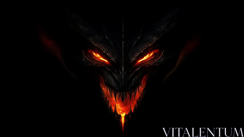 Demonic fiery face emerges from darkness with molten rage