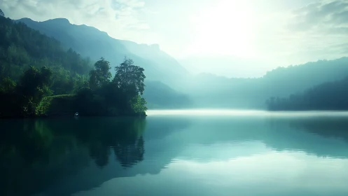 Mist-drenched mountain lake at sunrise with soft atmospheric haze.