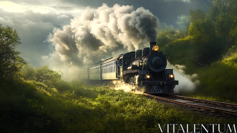 Steam train rolling through sunlit green countryside.