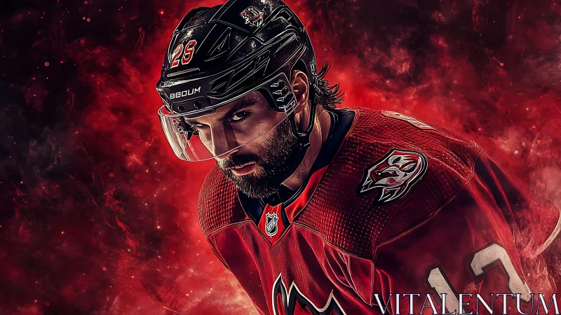 Intense ice hockey portrait amid swirling crimson energy.