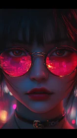 Neon lit close up of girl in reflective pink glasses.