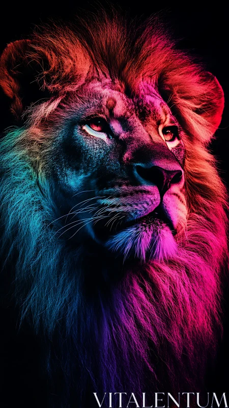 Side-profile lion portrait uses multicolor rim lighting