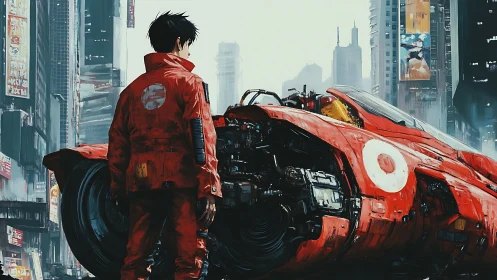 Cyberpunk rider studies damaged red hoverbike in neon city.