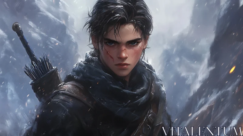 Winter trail archer with quiet strength and stormy resolve.