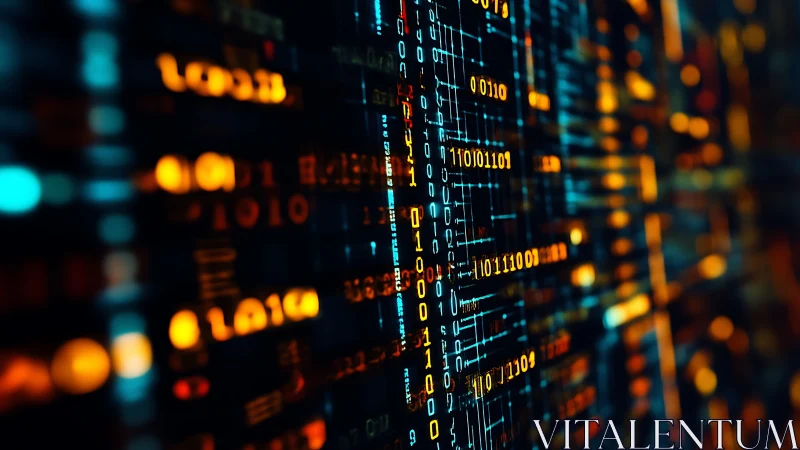 Glowing binary code streams construct a high-density data grid