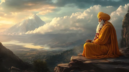 Mountain sage in saffron robes meditating above misty valley