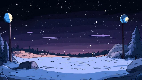 Starry winter field under twin moon streetlamps.