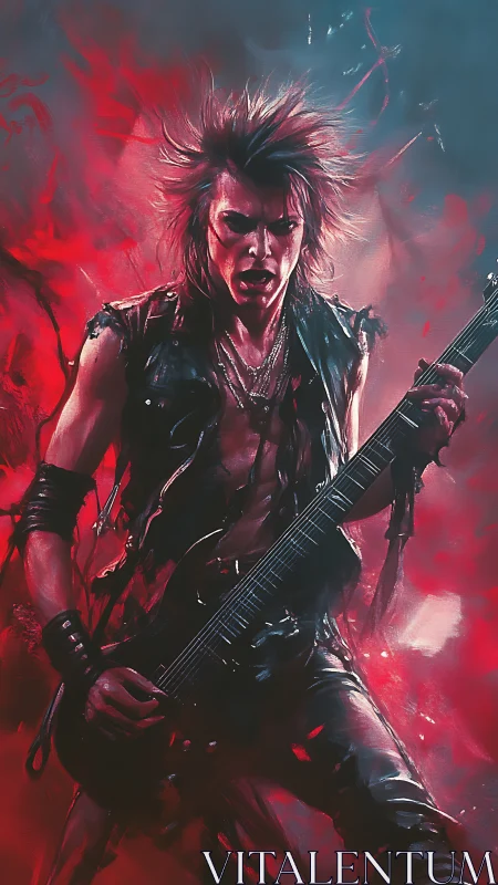 Ferocious rock guitarist engulfed in electric crimson fury.