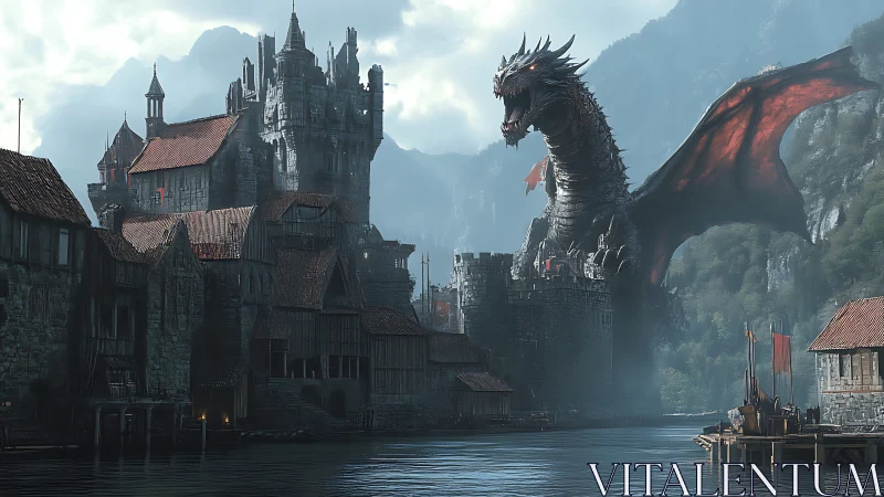 Dragon towers over fortified riverside medieval city stronghold