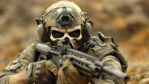 Tactical sniper in skull mask aims rifle with intense focus.