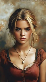 Intense portrait of young woman in rustic red blouse.