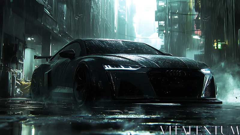 Black sports coupe in wet neon alley under heavy rain.