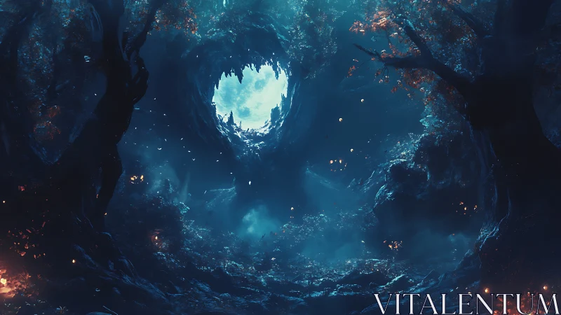 Moonlit enchanted forest forms a glowing celestial gateway.