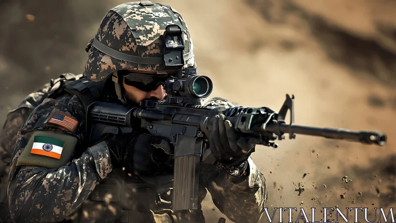 Combat soldier aiming rifle with US and India flag patches.