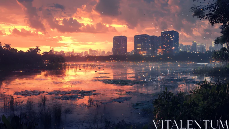 Urban skyline reflected on wetlands under dense sunset clouds