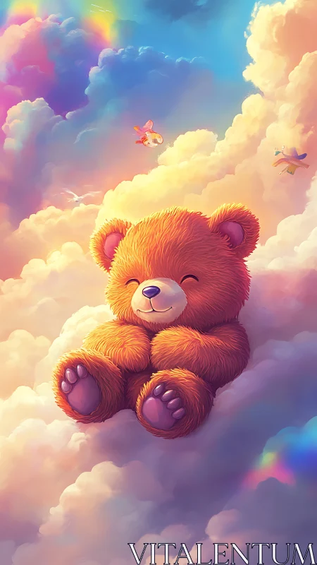 Dreamy teddy bear naps softly in sherbet colored clouds