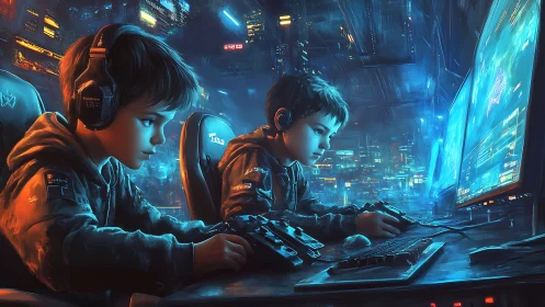 Focused twin boys gaming in neon lit cyber city room.