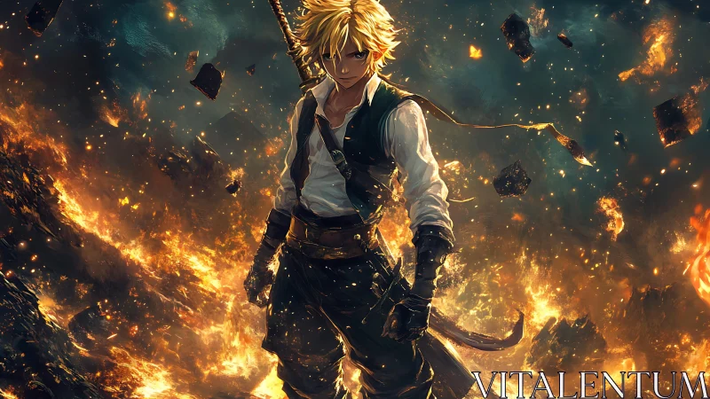 Blond anime warrior stands amid swirling flames and rubble.