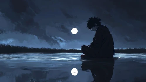 Solitary anime figure reflects under moonlit waterscape