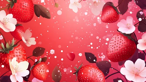 Digitally rendered strawberries and blossoms form radial border field