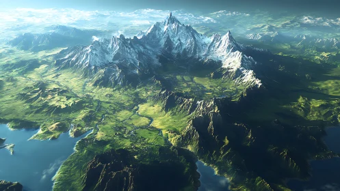 Epic snowcapped mountain range above lush fantasy valley.