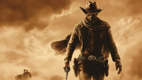 Storm-lit cowboy strides through swirling desert dust