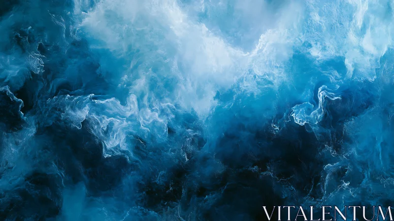 Swirling blue and white abstract fluid forms fill the frame