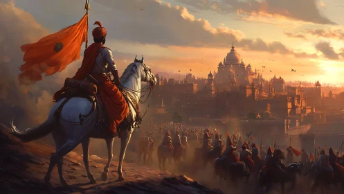 Warrior on horseback observing army before sunset siege.