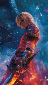 Ember-clad swordsman ignites a storm of sapphire starlight.