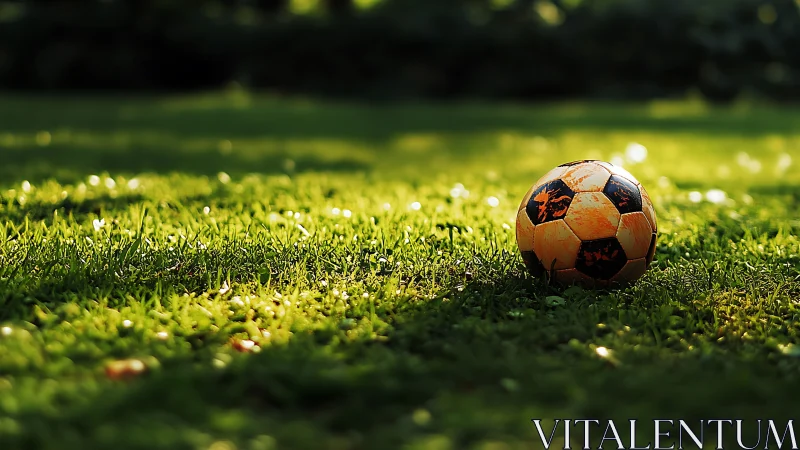 Orange and black soccer ball resting on sunlit green grass.