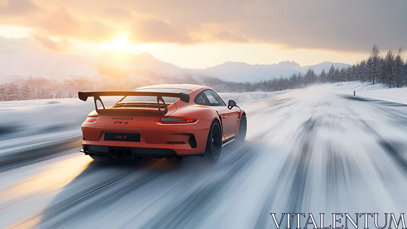 Orange sports car powers through sunlit snowy highway.
