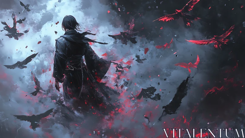 Dark figure commands crimson ravens in storm of dissolving shadows